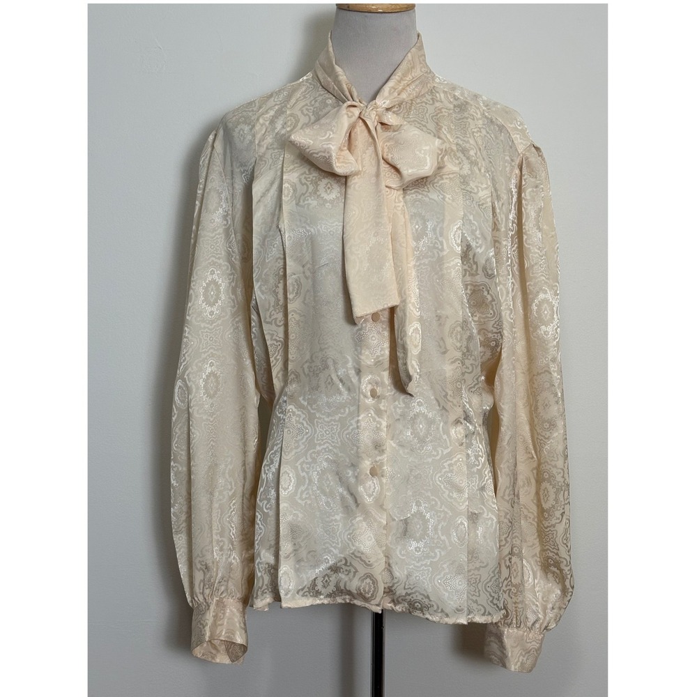 Anne Klein Womens VTG Regency Tie Neck Top 14 Silky Satin Coquette Damask Twee